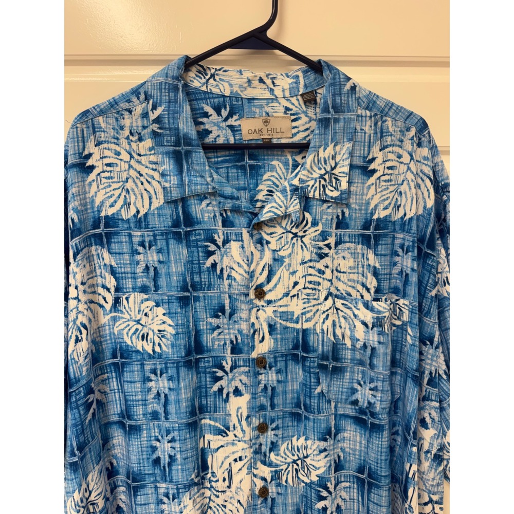 Oak Hill Mens 2XL Blue Tropical Palm Leaf Rayon Short Sleeve Button Down Shirt